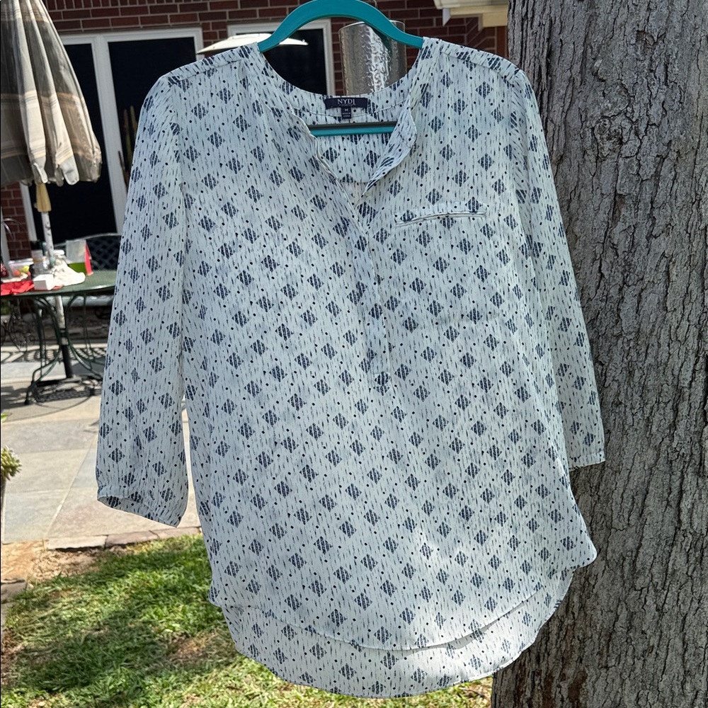 NYDJ Cream Blouse with Navy Geometric Print